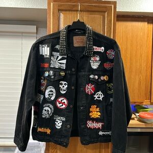 Men’s jean jacket with punk style patches and buttons